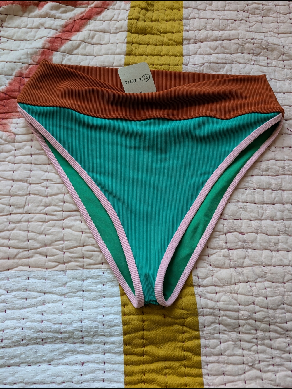 FP Movement | Beach Riot - Green Swim Bottom with Rust Waistband and Pink Trim